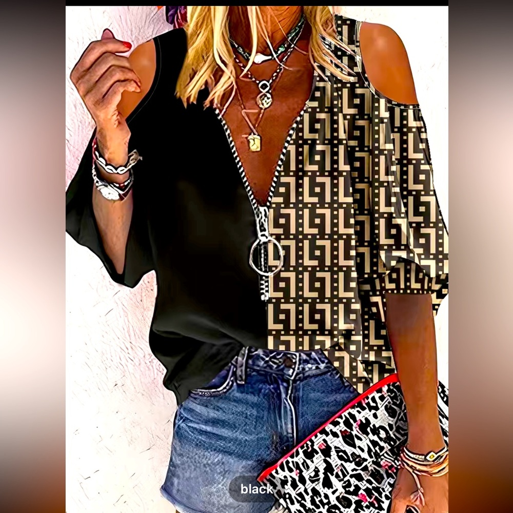 Causal off the shoulder zipper blouse.